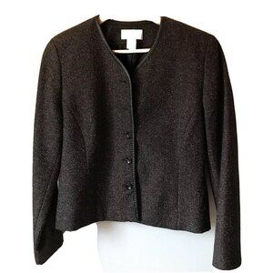Vtg Pendleton‎ Petite Size 8 Black Wool Blend Tweed Jacket Blazer Leather Trim